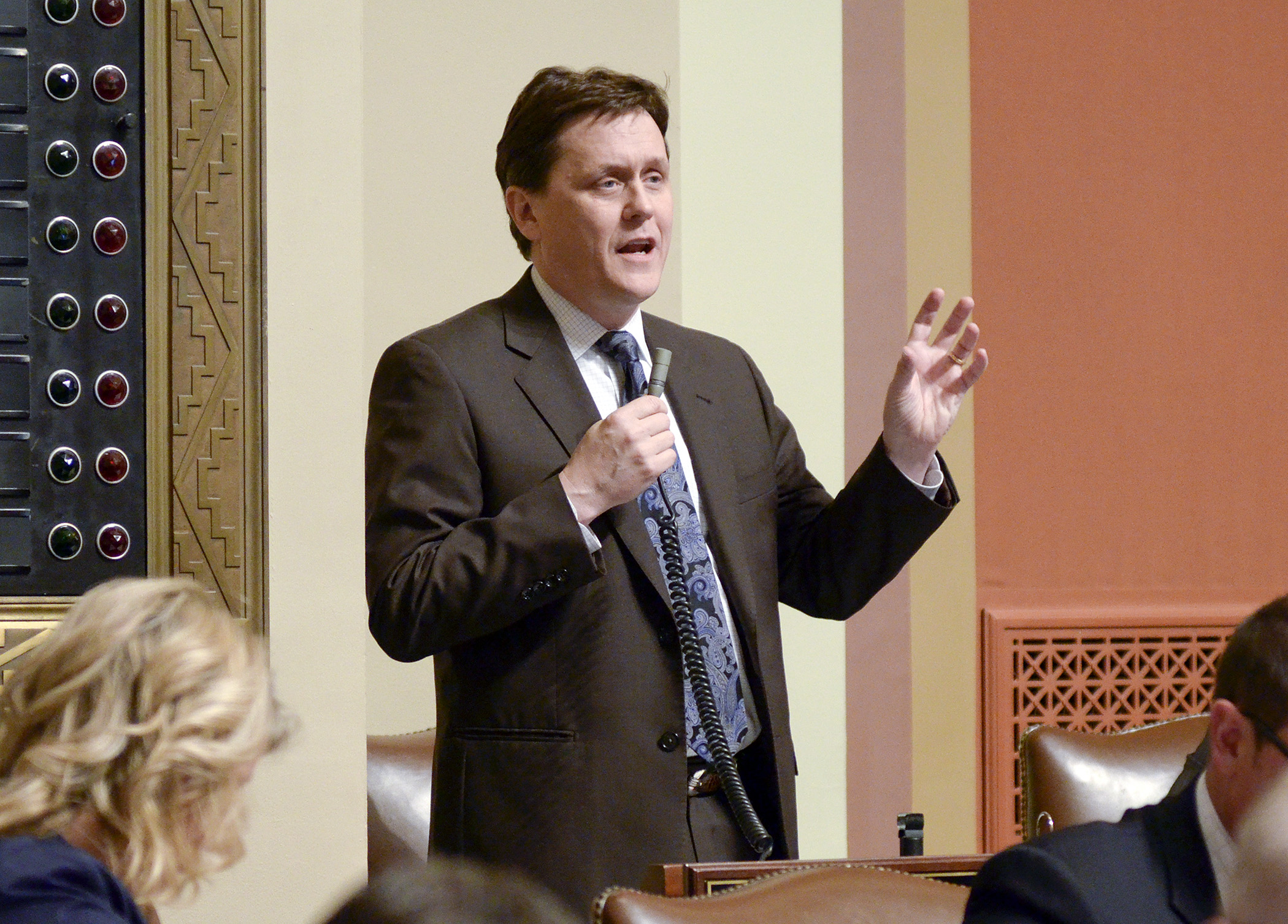 Rep. Matt Dean presents the omnibus health and human services finance bill on the House floor April 28. Photo by Andrew VonBank